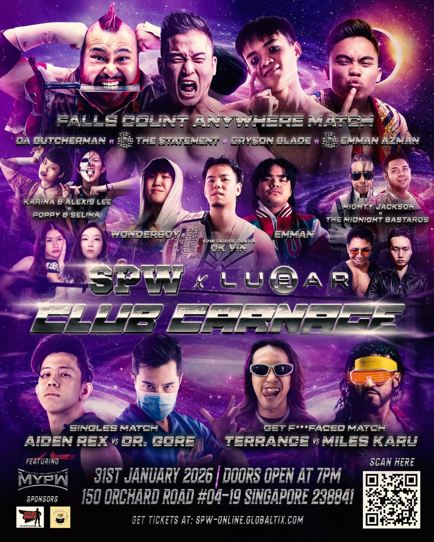 FULL MATCHCARD FOR CLUB CARNAGE! TICKETS STILL AVAILABLE!

A total of SIX matches will be taking place at Club Lunar inside a WRESTLING RING! This time, we&rsquo;ll be setting up our full ring for the club audience to get the full Singapore Pro Wrest