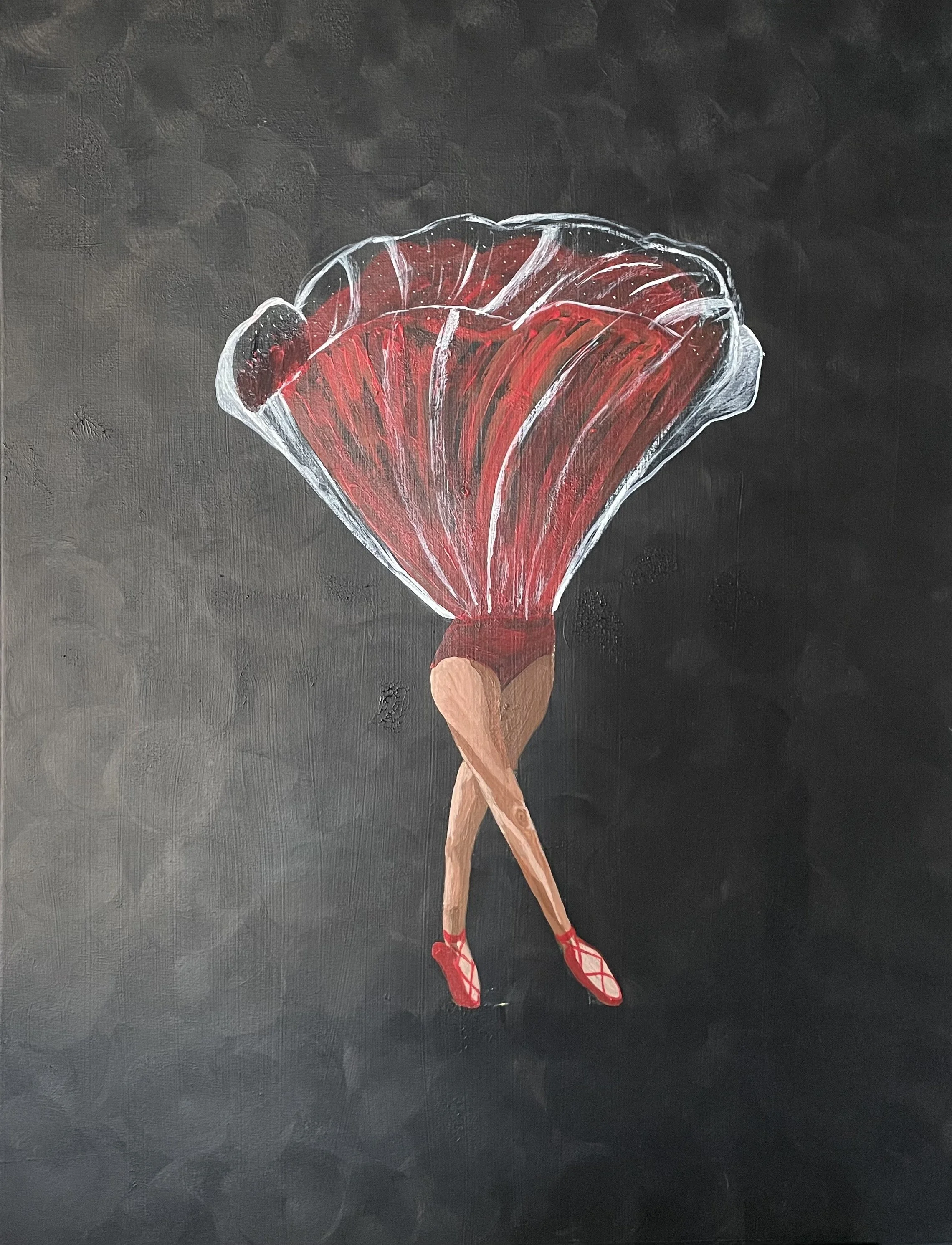 Ein Gemälde einer Balletttänzerin, deren Oberkörper eine riesige rote Blüte ist, auf schwarzem Hintergrund.