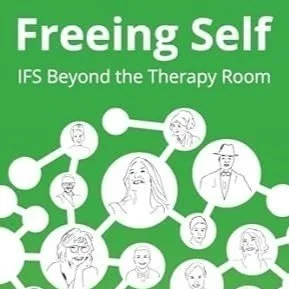 "Freeing Self: IFS Beyond the Therapy Room" book cover with interconnected illustrated faces on a green background.