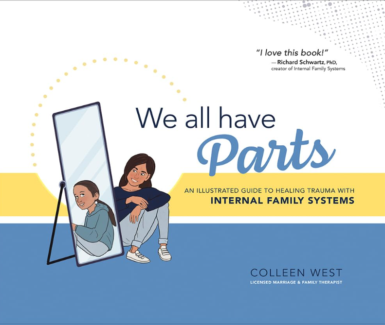 Book cover titled "We all have Parts" featuring illustration of a woman sitting next to a mirror, her reflection showing a different appearance. Text includes a quote by Richard Schwartz, PhD, and highlights "An Illustrated Guide to Healing Trauma with Internal Family Systems" by Colleen West.