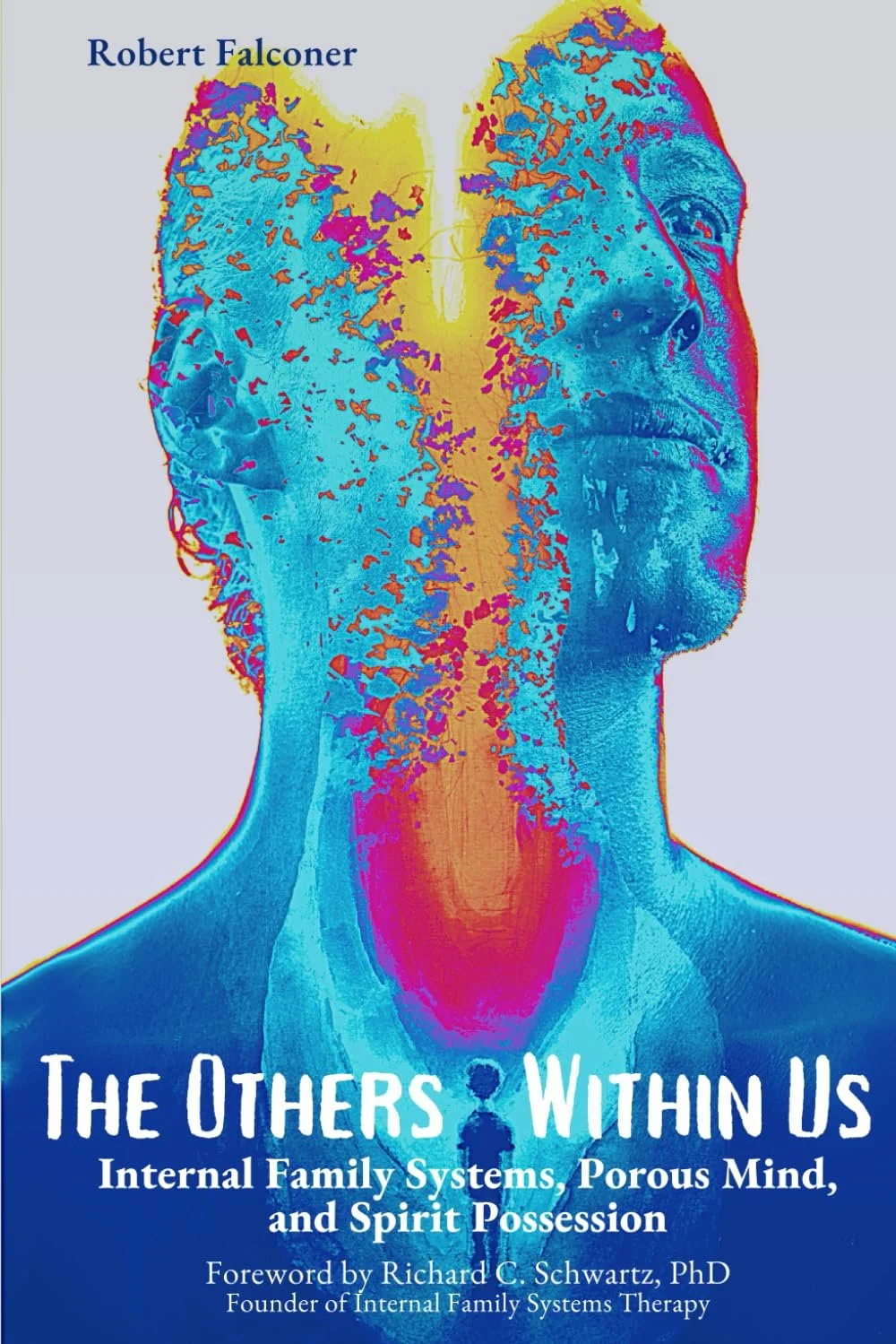 Book cover of 'The Others Within Us' by Robert Falconer, featuring a vibrant, colorful image of a man's face partially disintegrating into abstract patterns, with the subtitle 'Internal Family Systems, Porous Mind, and Spirit Possession.'