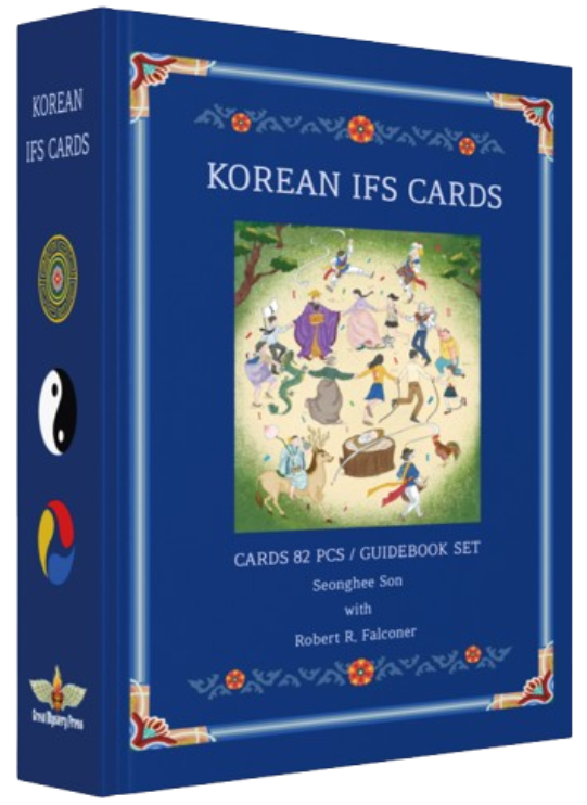 Blue box with "Korean IFS Cards" title featuring traditional Korean artwork, yin-yang symbol, and colorful icons on the spine. Includes 82 cards and a guidebook by Seonghee Son and Robert R. Falconer.
