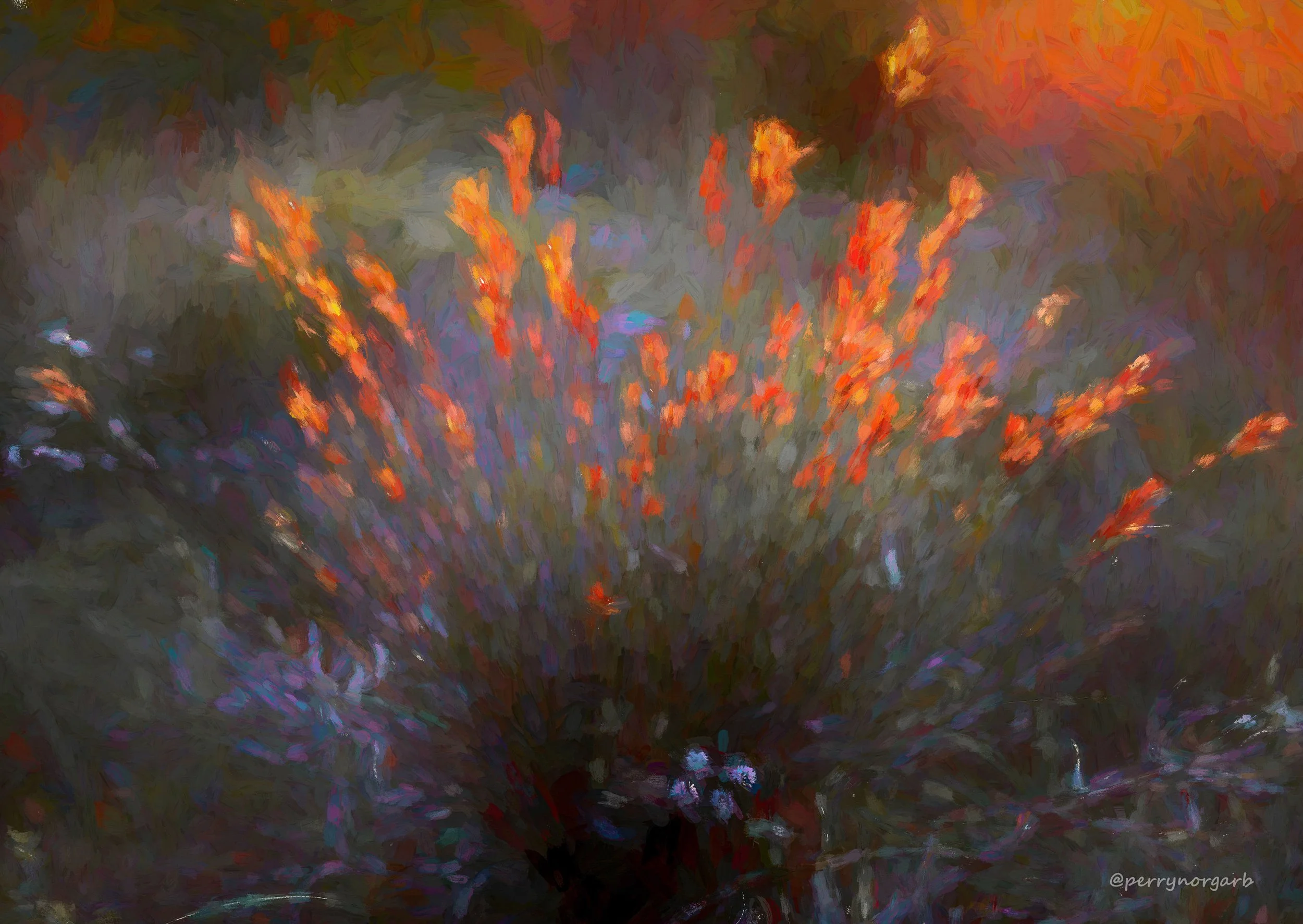 Blurred, abstract image of orange and purple flowers with a dark background.
