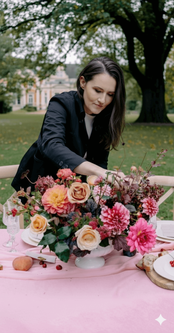 Kobieta z długimi ciemnymi włosami układa kompozycję kwiatową w białej misie w parku na tle pałacu, kwiaty są w kolorach jesiennych.