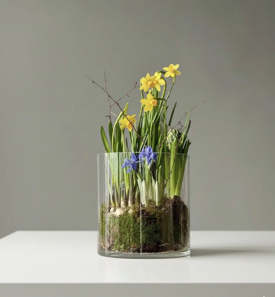 Wazon z żółtymi i fioletowymi kwiatami, zielonymi liśćmi i mchem na ziemi