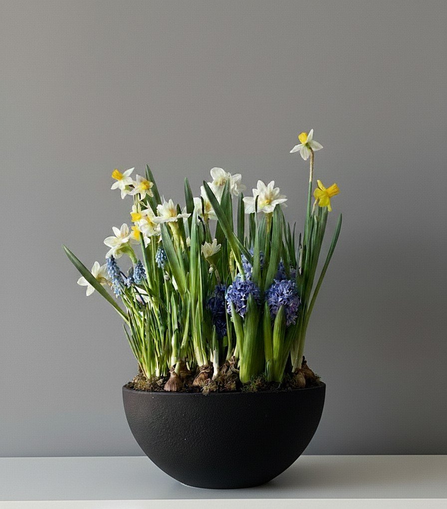 Czarna, okrągła doniczka z mieszanką białych, żółtych i fioletowych kwiatów wiosennych, m.in. żonkili i hiacyntów, ułożonych na białej powierzchni na szarym tle.