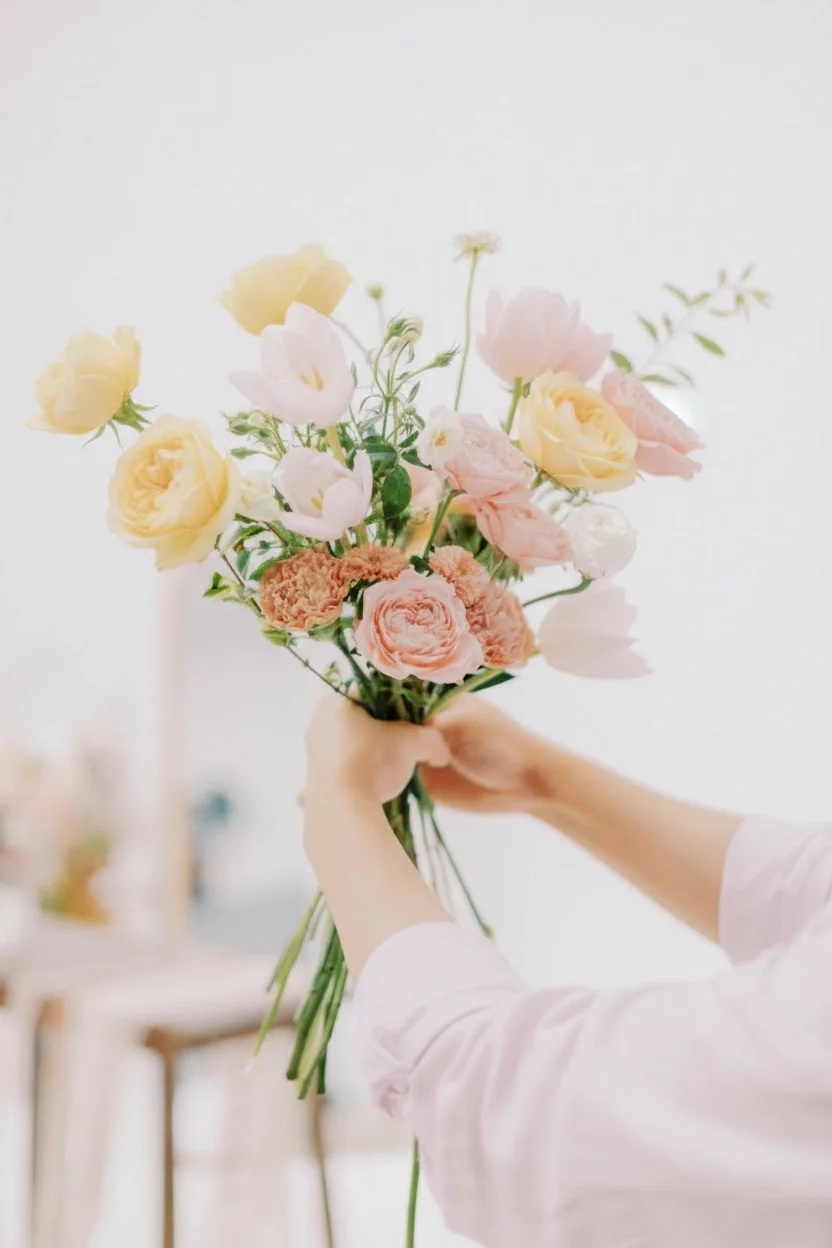 Osoba trzymająca bukiet pastelowych kwiatów, w tym róż i jaskrów, na jasnym tle.