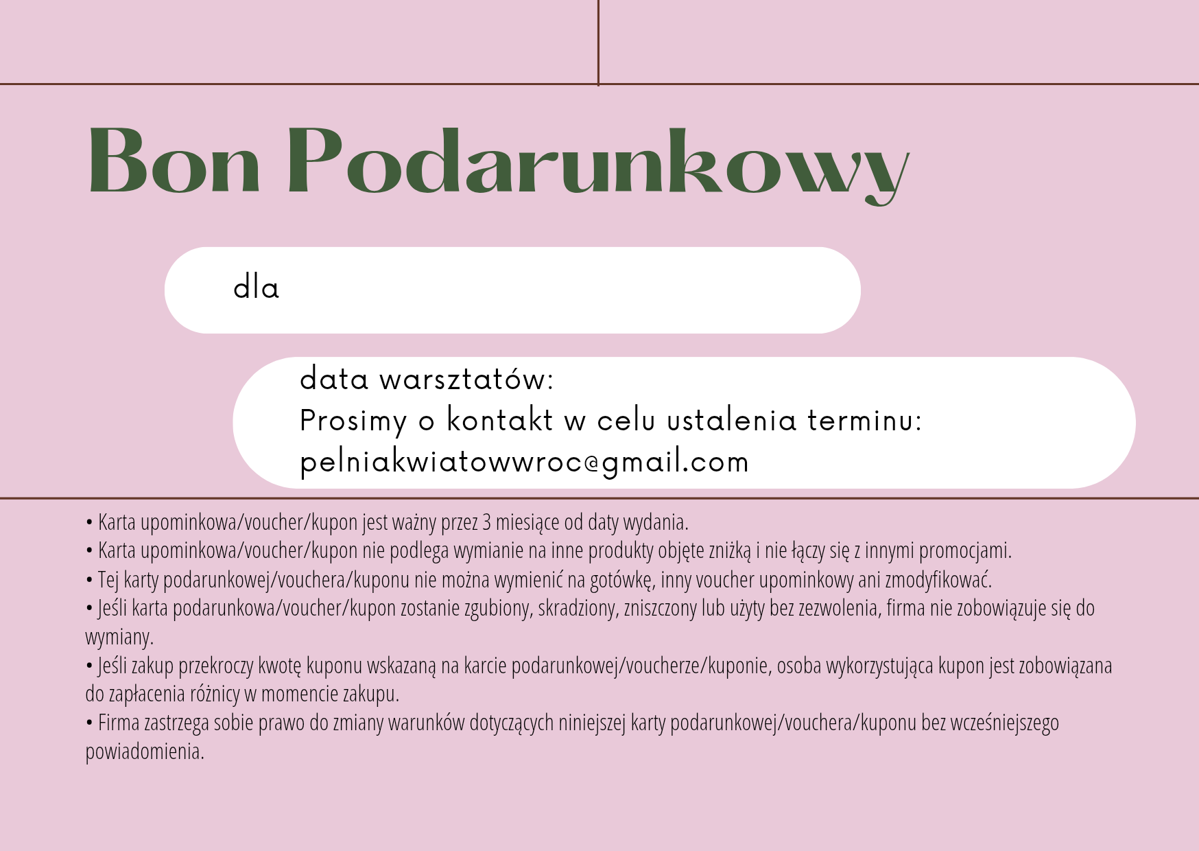 Różowa karta podarunkowa z napisami w kolorze zielonym, białym i czarnym, stanowiąca bon do kwiaciarni i zawierająca dane kontaktowe oraz zasady korzystania.