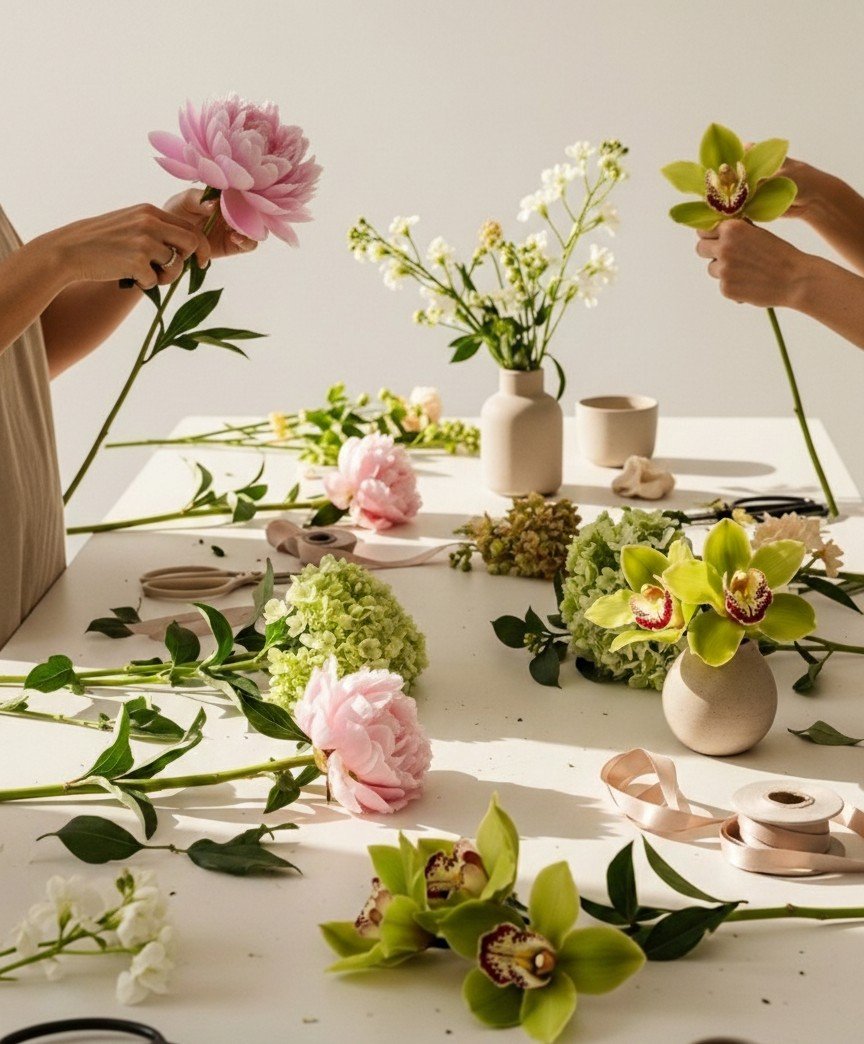 Ludzie układają różne kwiaty, w tym różowe piwonie, zielone orchidee i białe kwiaty, na białym stole z wazonami, nożyczkami i wstążkami w jasnym, minimalistycznym otoczeniu.