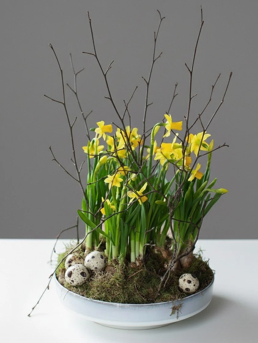 Wiosenna kompozycja kwiatowa z żółtymi żonkilami, brązowymi gałązkami, mchem i ozdobnymi nakrapianymi jajkami w białej misie.