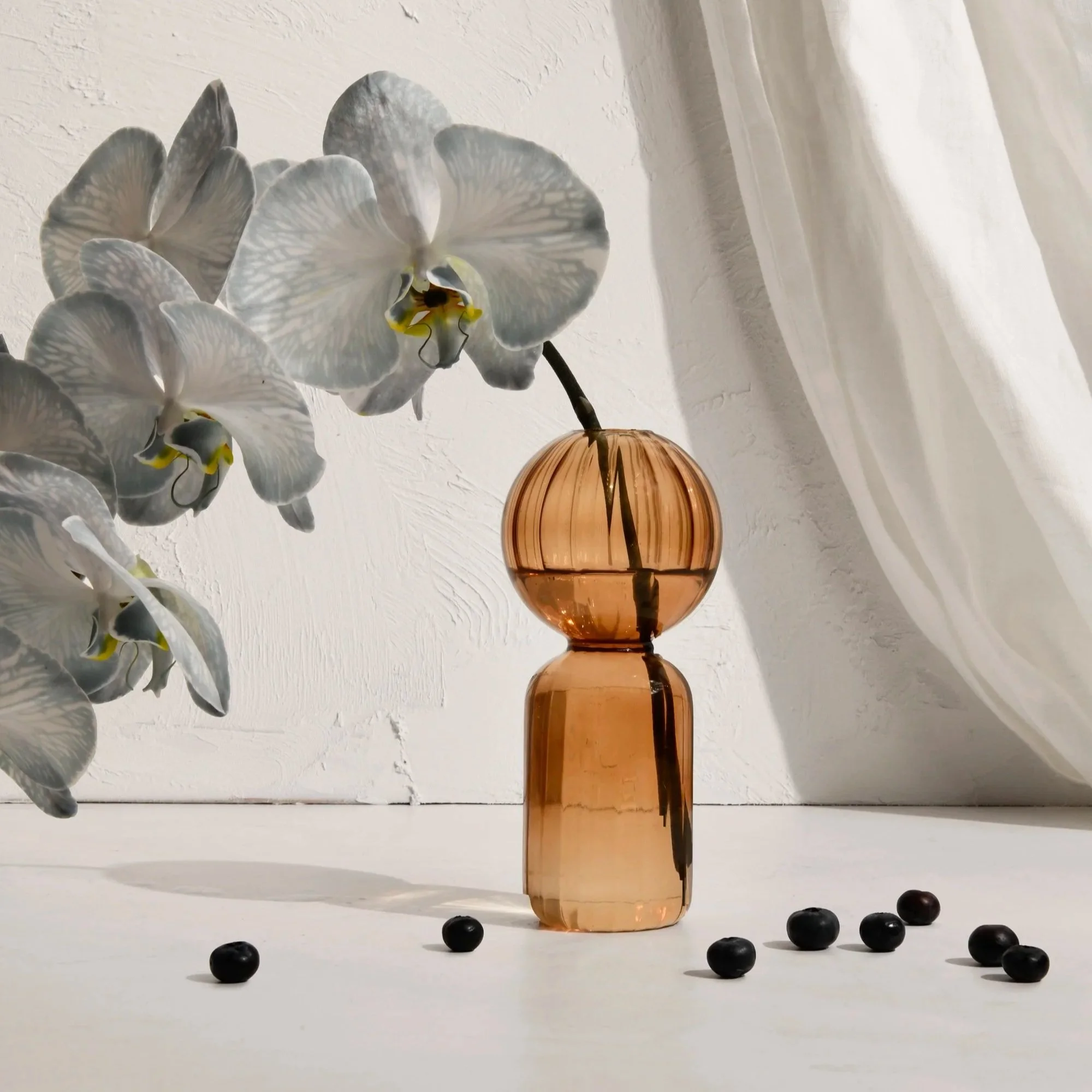 Shot by Swell Studios for Urban Road. A still life arrangement featuring a brown glass vase holding white orchids, a smoked glass vase, and scattered black blueberries on a white surface with a white curtain background.