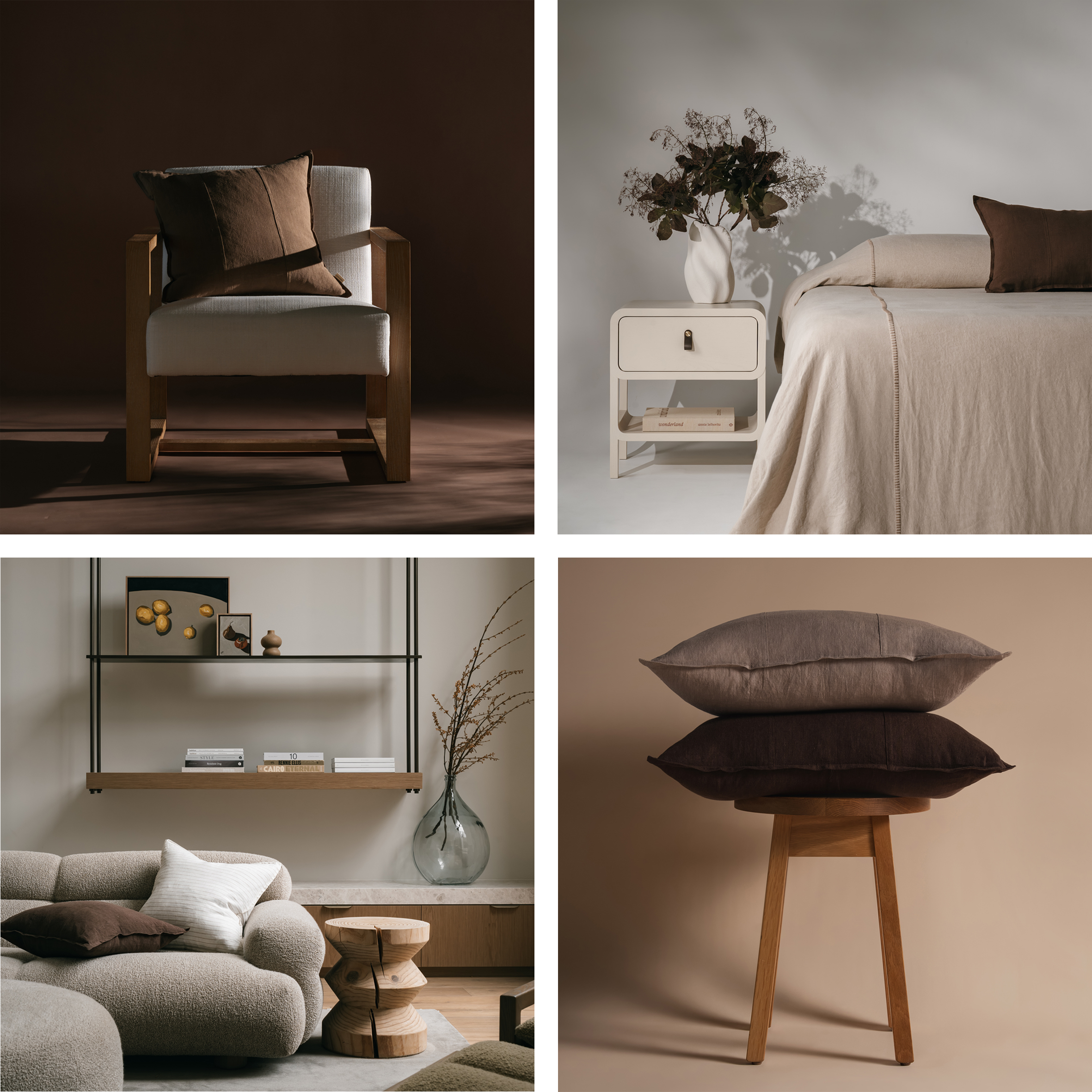 Collection of styled interior and furniture photographs featuring cushions, homewares, and furniture