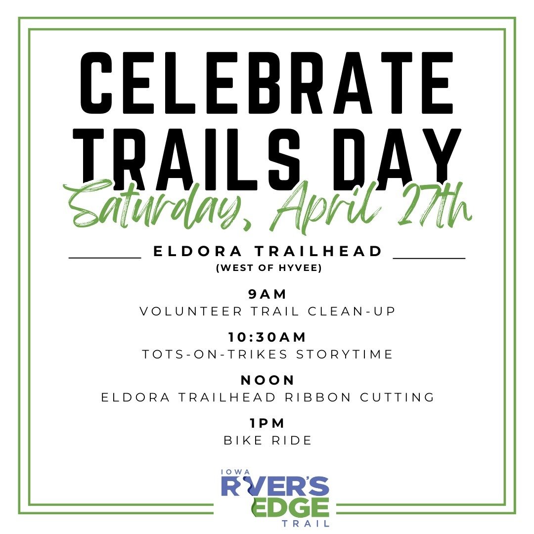 🥳 Join us to celebrate Trails Day at the River&rsquo;s Edge Trail - Eldora Trailhead on Saturday, April 27th.

We have an exciting day lined up, featuring a trail clean-up, tots-on-trikes story time with the Eldora Library, a ribbon-cutting ceremony