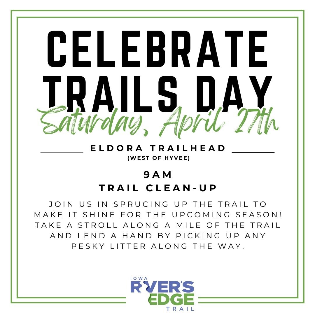 As a part of the Pick-Up Iowa initiative with Keep Iowa Beautiful and the Great American Cleanup, we will be hosting a trail clean-up to kick-off our festivities on April 27th! 

Starting at 9 am, groups or individuals will collect supplies, directio
