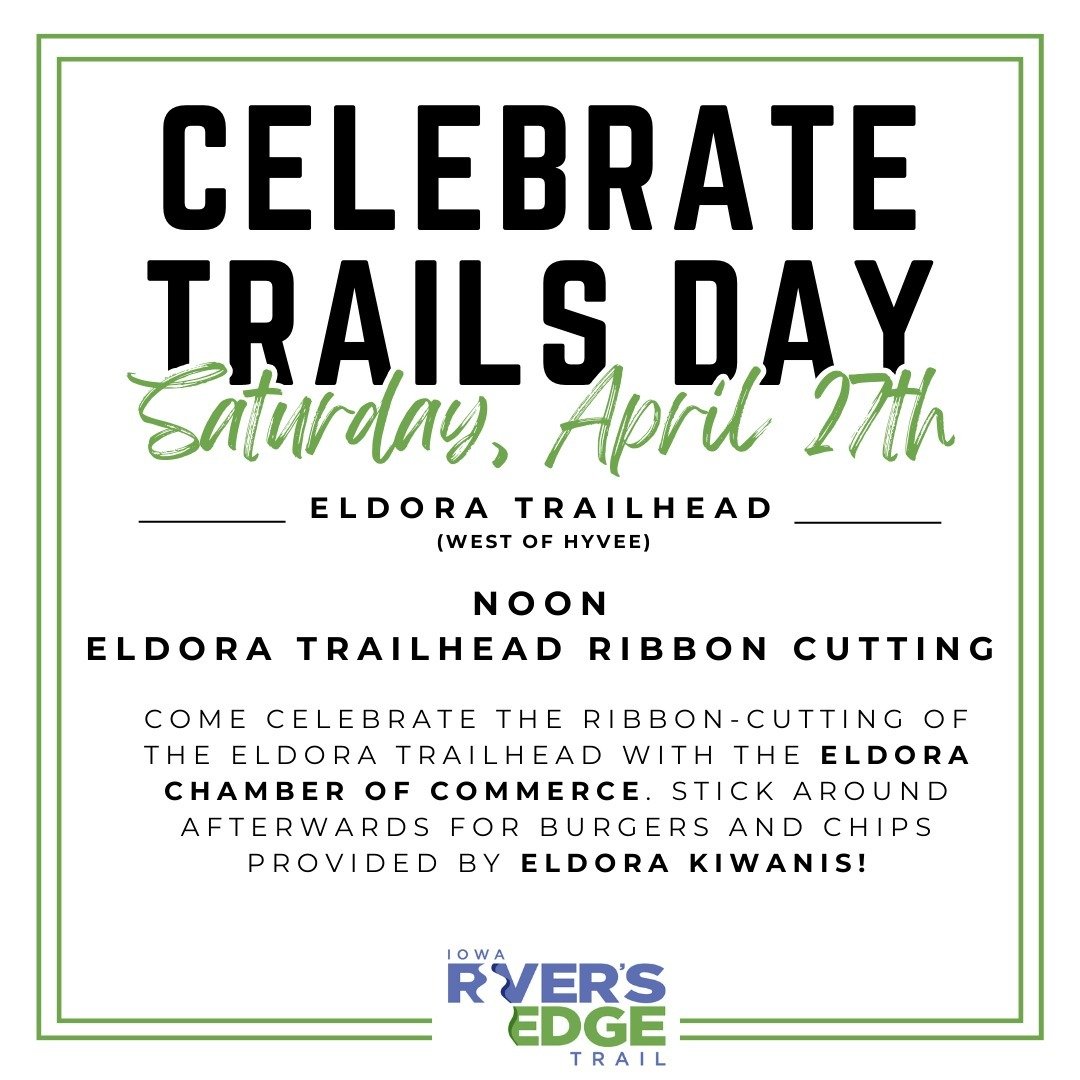 Join us at noon for the ribbon-cutting ceremony at the Eldora Trailhead! Check out the new shelter, learn more about ongoing and upcoming trail projects, and enjoy a free-will donation meal of burgers and chips provided by Eldora Kiwanis Club with pr