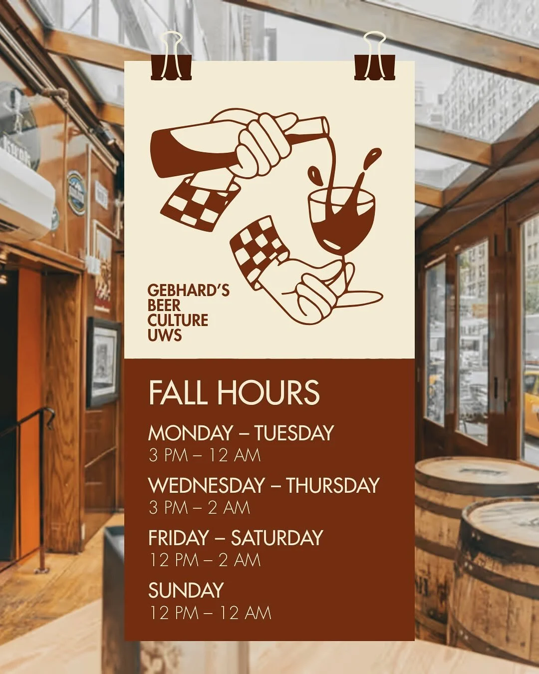 🍂 New Fall Hours 🍂
The seasons are changing, and so are our hours! Now open until 2am Wednesday - Saturday. 
•	Sunday: 12pm–12am (bar & kitchen)
•	Mon–Tue: 3pm–12am (bar & kitchen)
•	Wed–Thu: Bar 3pm&