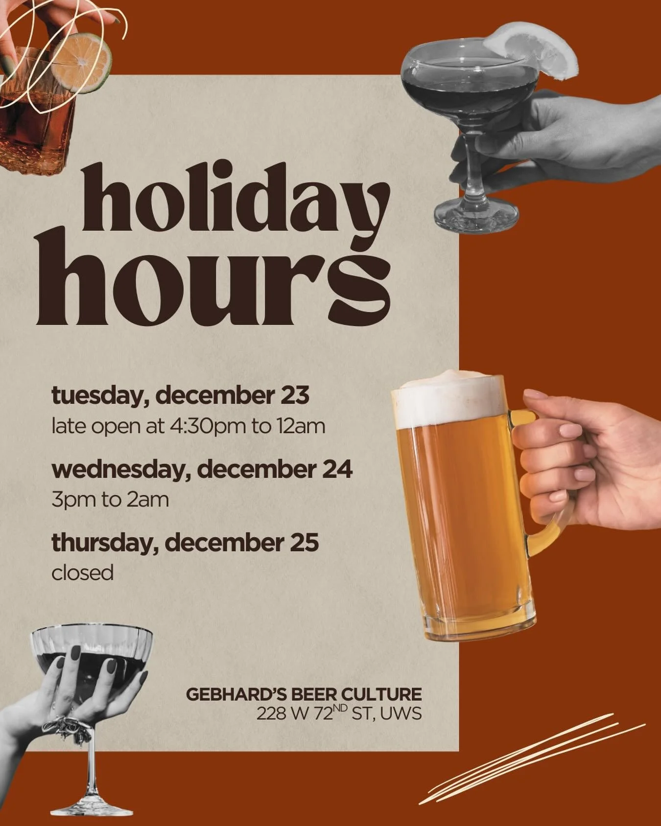 Upcoming holiday hours at Gebhard's! We will be opening late today at 4:30pm, normal business hours 12/24, and closed 12/25.