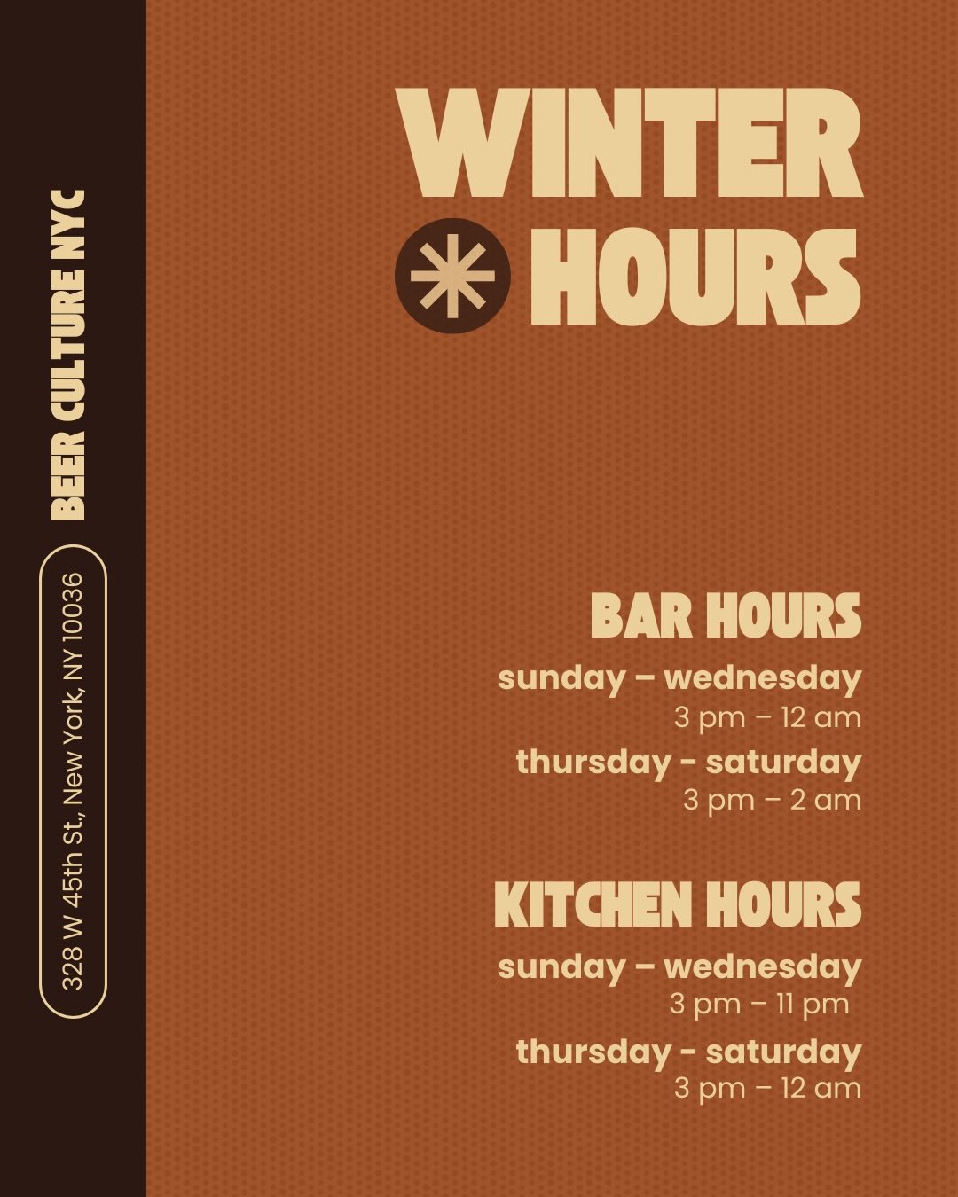Winter Hours! Come by and keep warm with beer, whiskey, and bar food this winter 🍻

Bar:
Sunday-Wednesday: 3pm-12am
Thursday-Saturday: 3pm-2am

Kitchen:
Sunday-Wednesday: 3pm-11pm
Thursday-Saturday: 3pm-12am