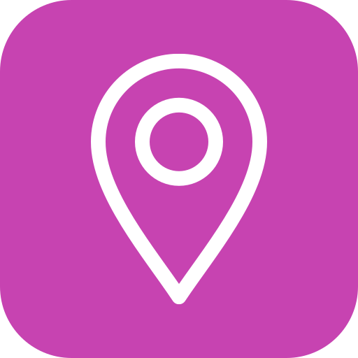Purple location icon with white outline in a rounded square background.
