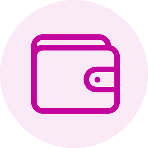 Icon of a purple wallet on a light pink background.