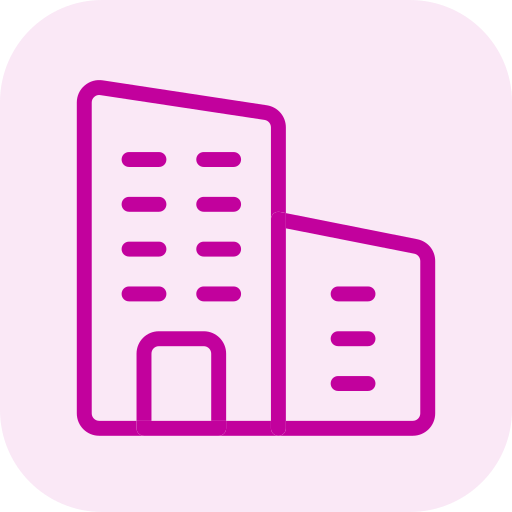 Icon of two office buildings, one taller and one shorter, in purple outlines.