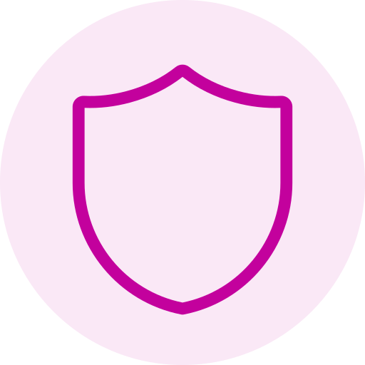 Pink shield outline on a light purple circular background.