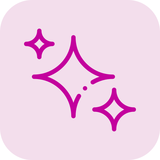 Purple sparkle icons on a light pink background.