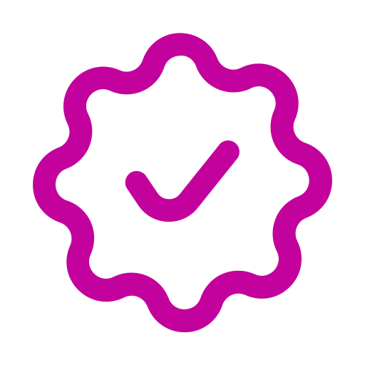 Purple checkmark badge with a scalloped border on a black background.
