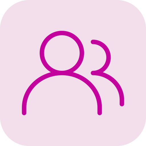 Icon of two stylized human figures, one in the foreground and one behind, in purple on a light pink background.