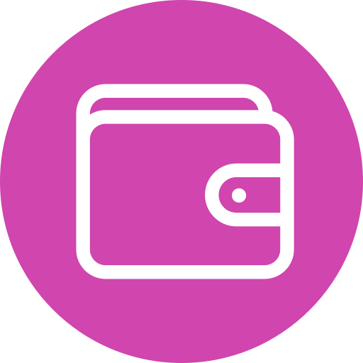 White wallet icon on purple circular background.