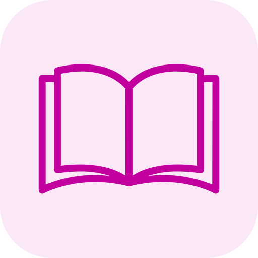 Outline of an open book icon in purple on a light pink background.