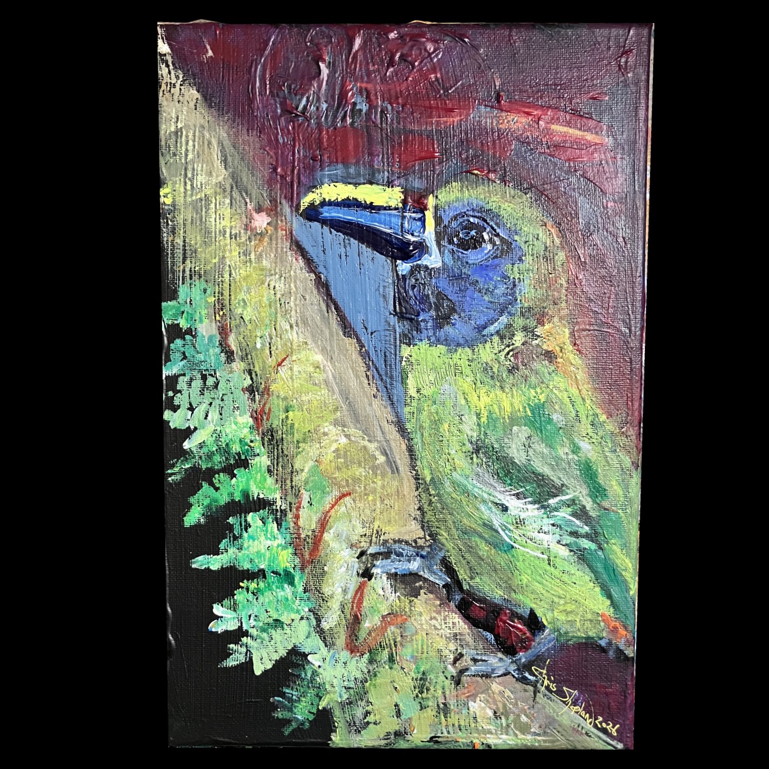 First painting of 2026 Northern Emerald Toucanet for birbfest day 6 original painting by Chris Shopland acrylic on 30 x 20 cm canvas