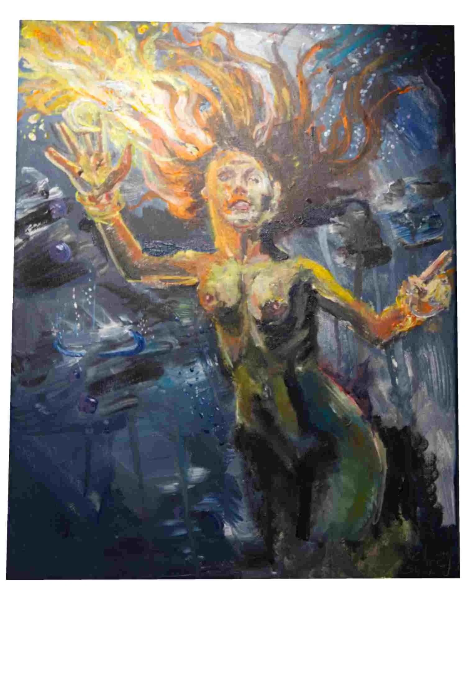 Untitled Underwater fire Goddess original painting by Chris Shopland Acrylic on 40 x 51 cm canvas