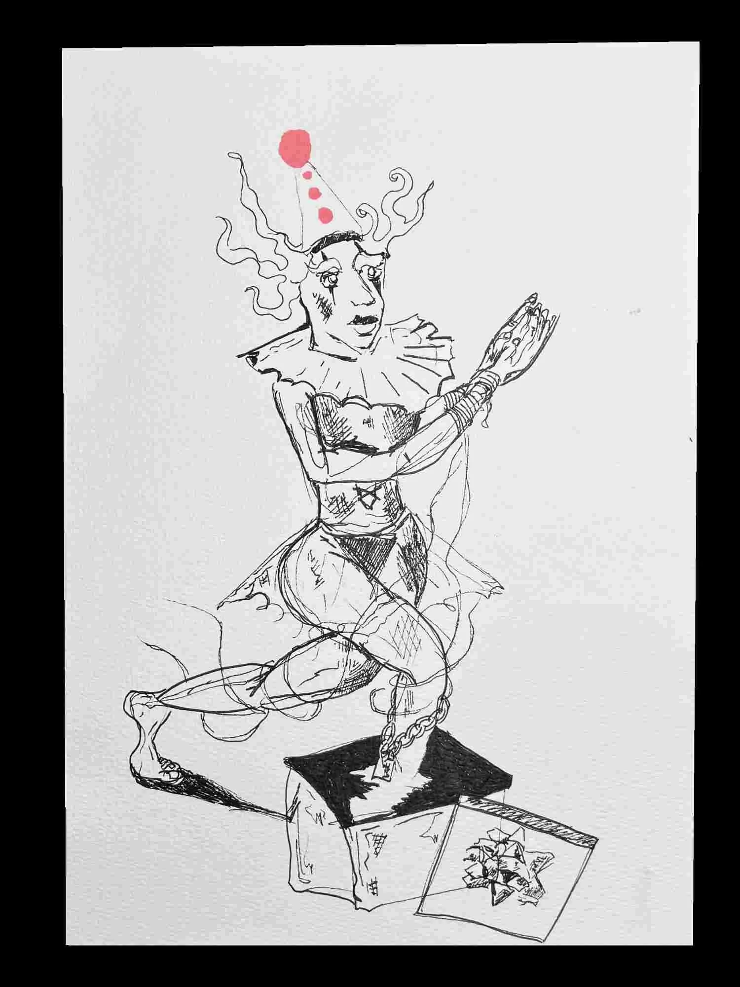 mischievous clown figure women in clown make up being playful Chris Shopland pen on A4 21 x 29.7 cm