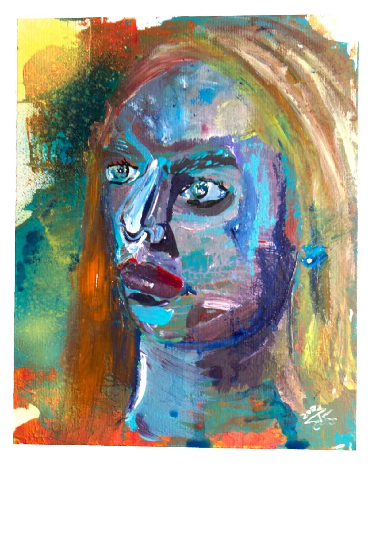 Abstract face staring into the horizon, crackle effect original painting by Chris Shopland acrylic and spray paint on 8 x 10 approx canvas board