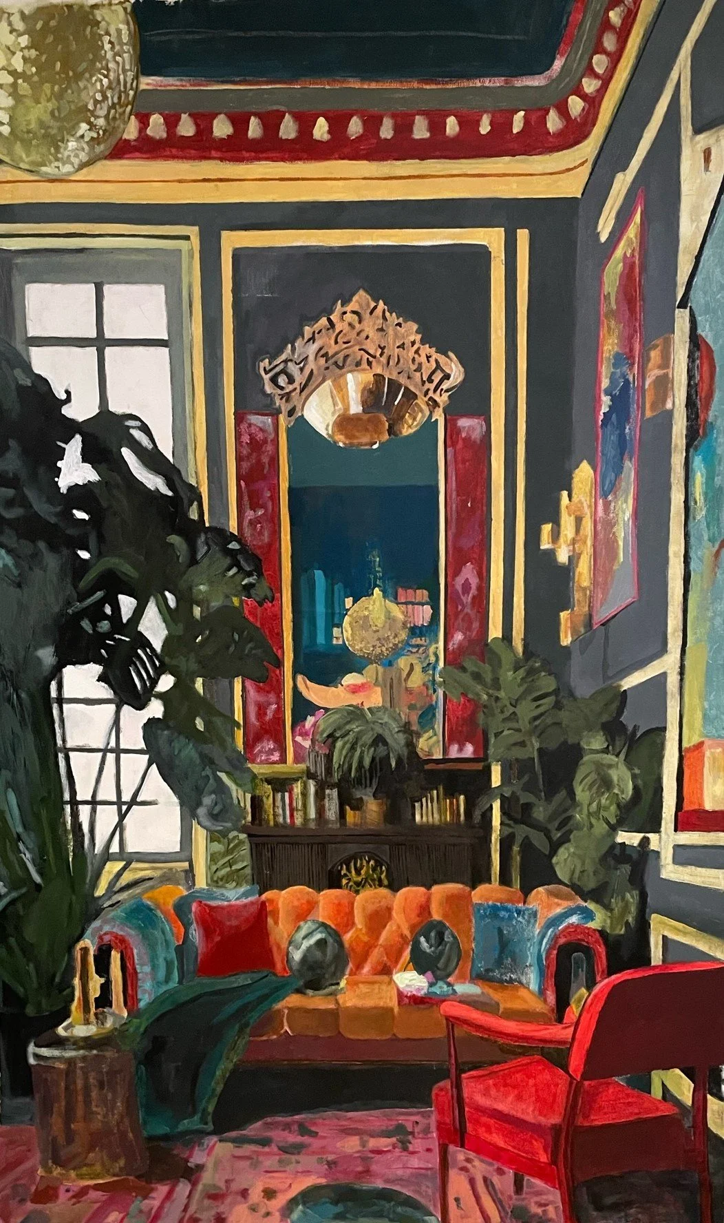 Tangerine Tapestry - Size: 72" × 126" - Medium: Latex house paint on unstretched canvas - Studying the fundamentals and practicing perspective on a large scale.