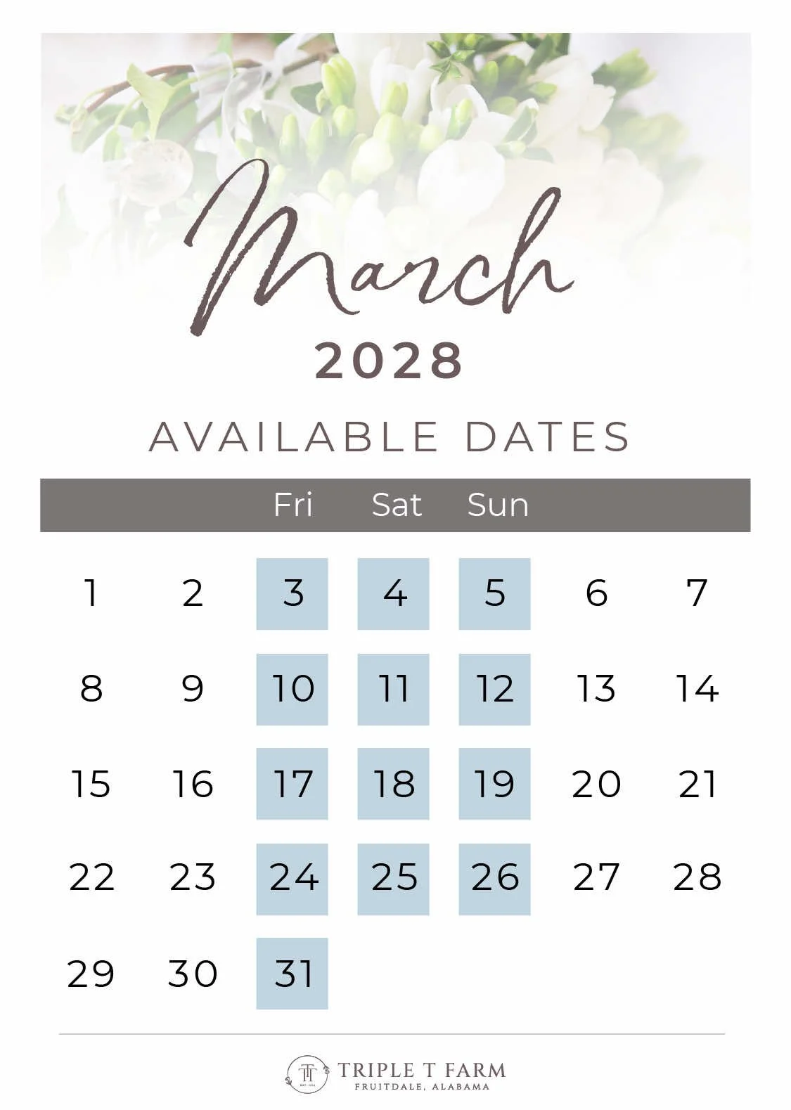 March 2028 Availability Calendar for Triple T Farm Alabama Wedding Venue