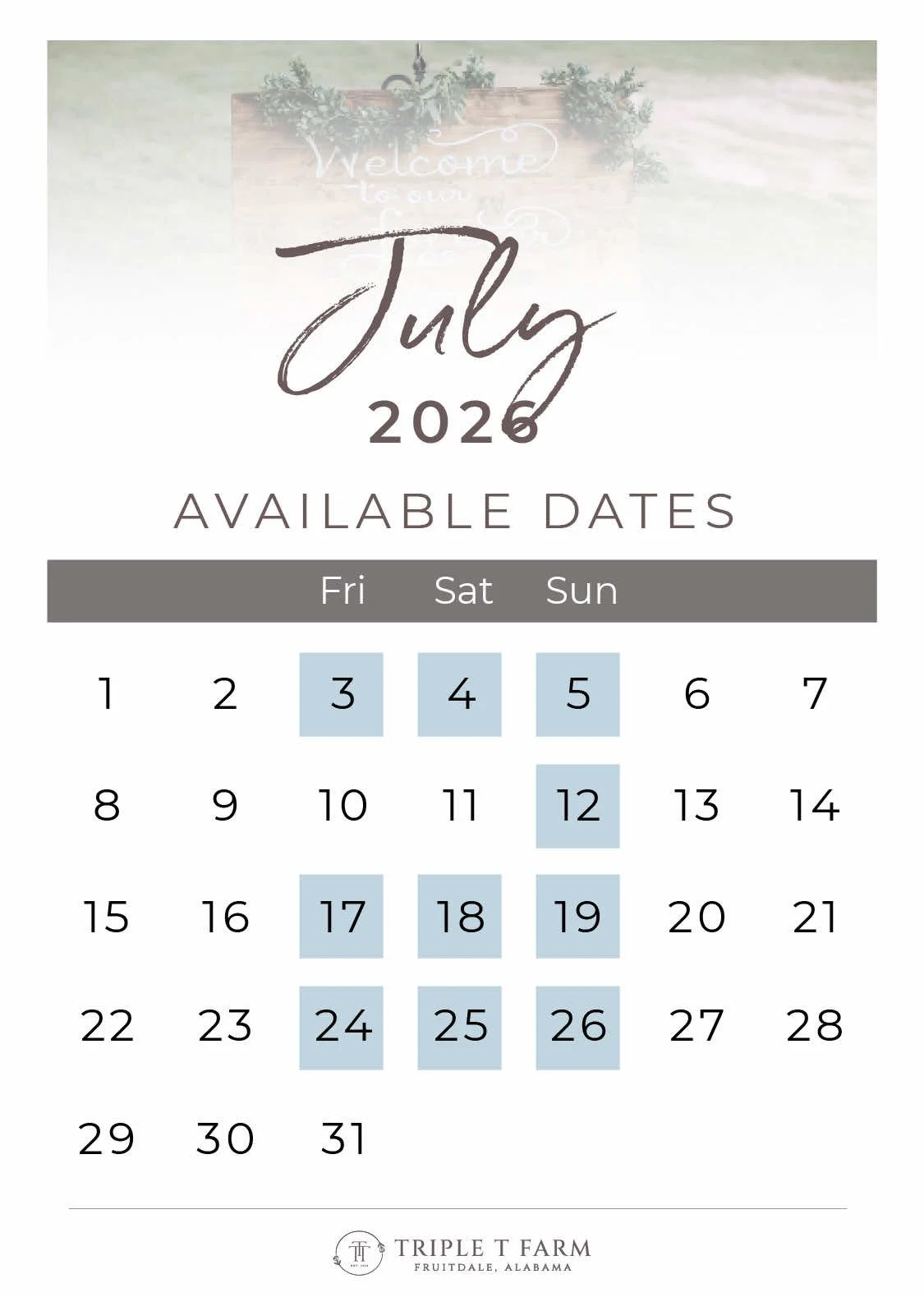 Triple T Farm Availability Calendar Fruitdale, Alabama wedding venue - July 2026