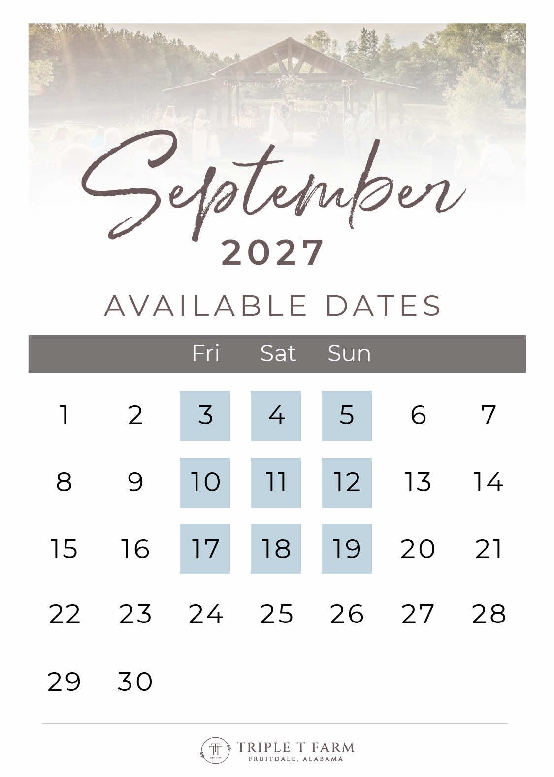 Triple T Farm Availability Calendar Fruitdale, Alabama wedding venue - September 2027