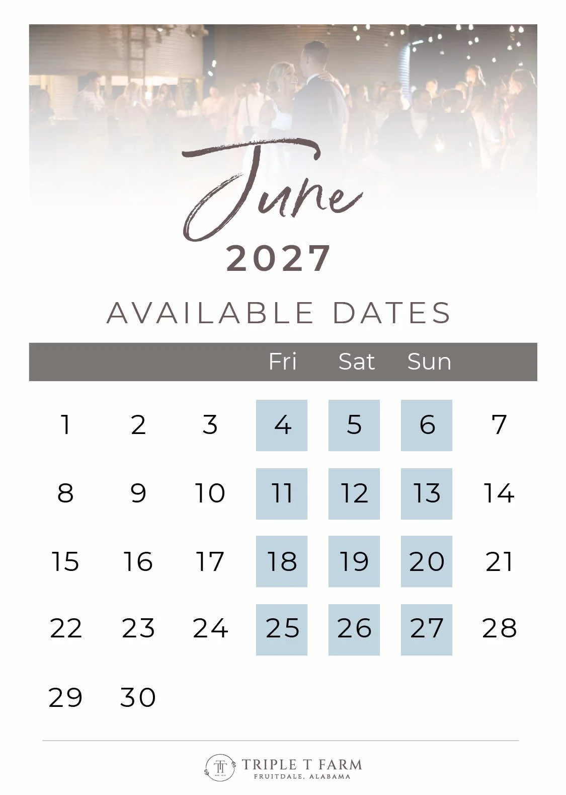 Triple T Farm Availability Calendar Fruitdale, Alabama wedding venue - June 2027