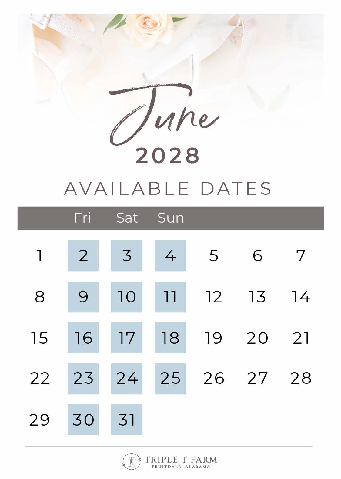 June 2028 Availability Calendar for Triple T Farm Alabama Wedding Venue