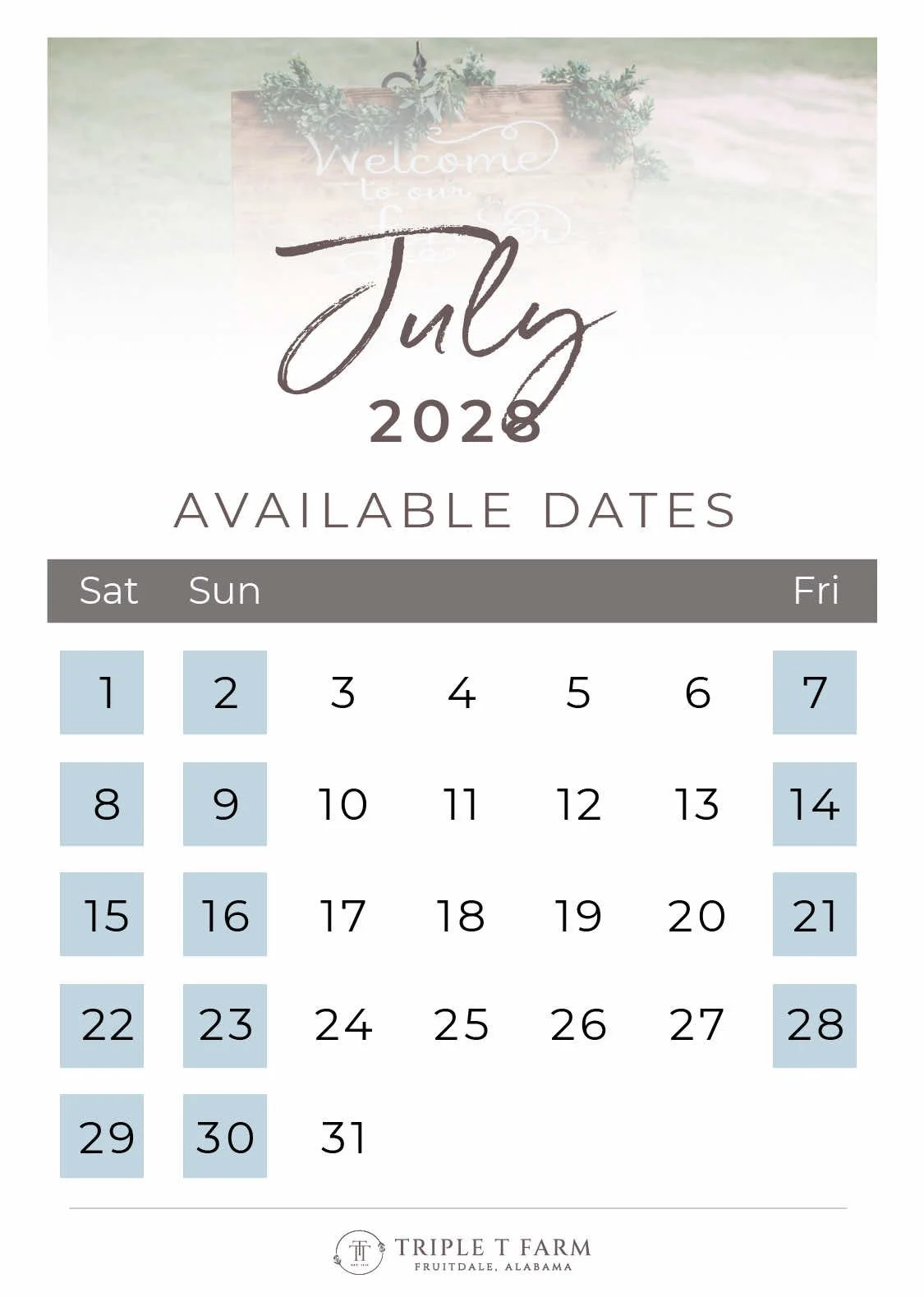 July 2028 Availability Calendar for Triple T Farm Alabama Wedding Venue