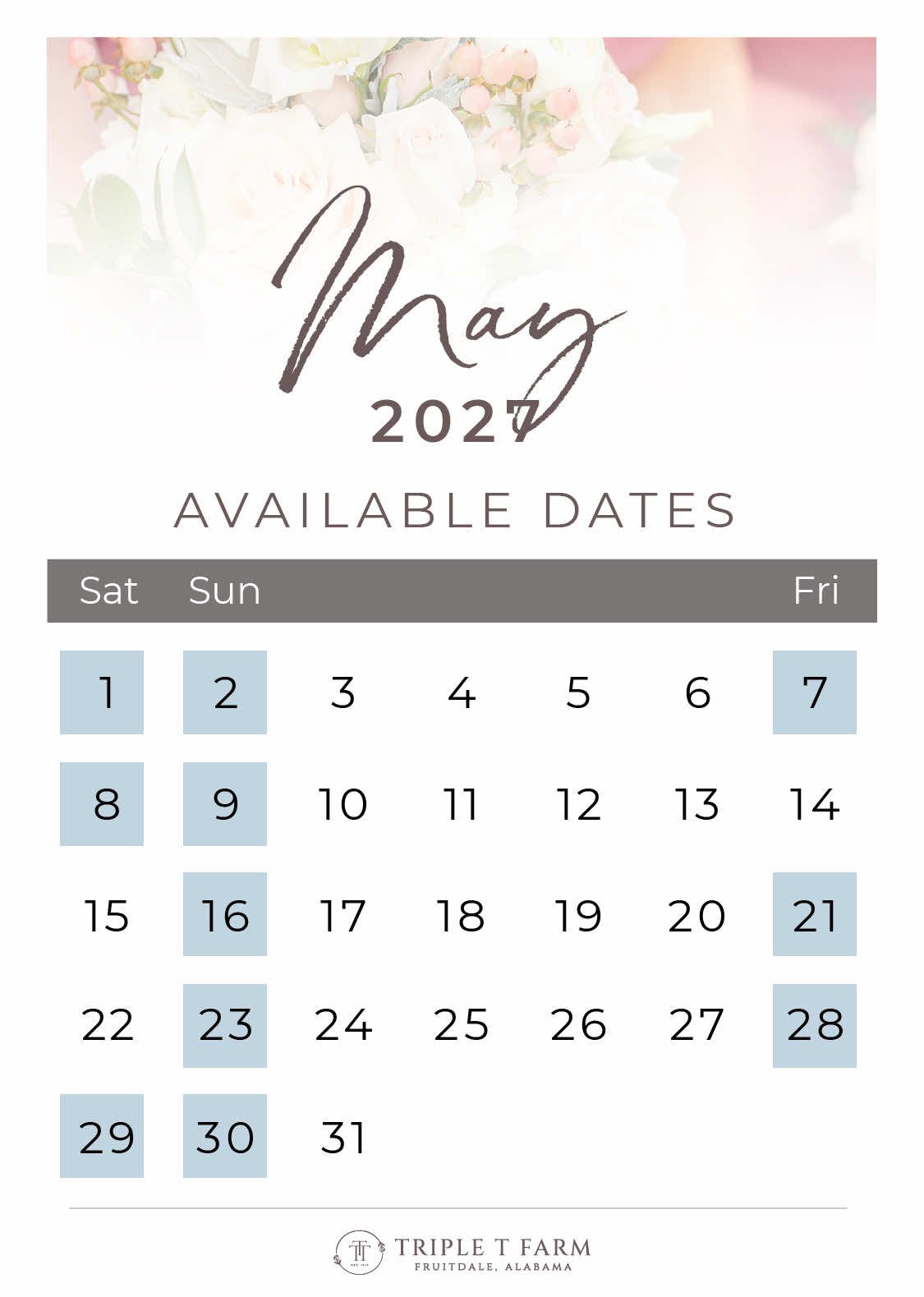 Triple T Farm Availability Calendar Fruitdale, Alabama wedding venue - May 2027