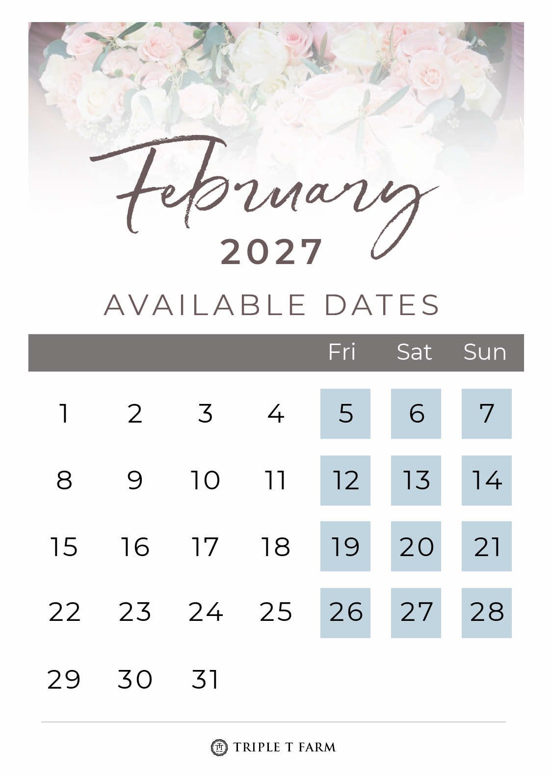 Triple T Farm Availability Calendar Fruitdale, Alabama wedding venue - February 2027