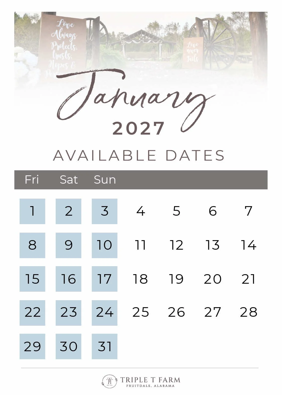 Triple T Farm Availability Calendar Fruitdale, Alabama wedding venue - January 2027