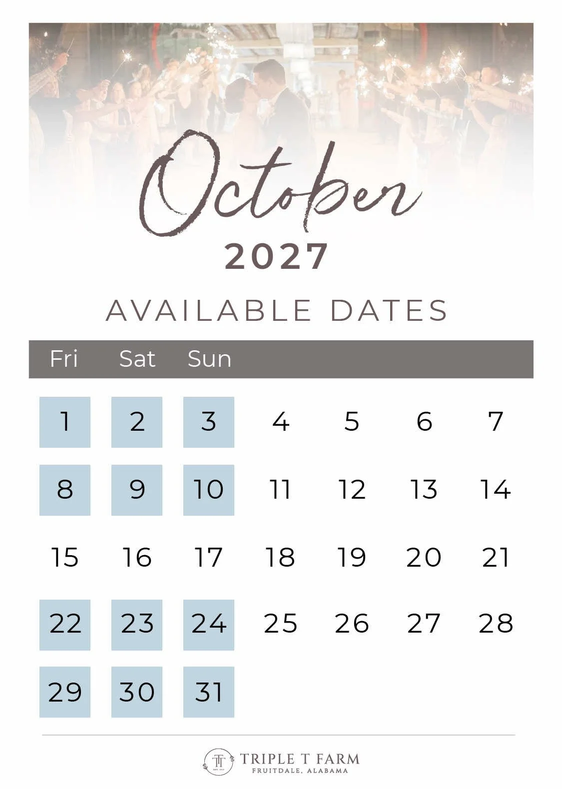 Triple T Farm Availability Calendar Fruitdale, Alabama wedding venue - October 2027