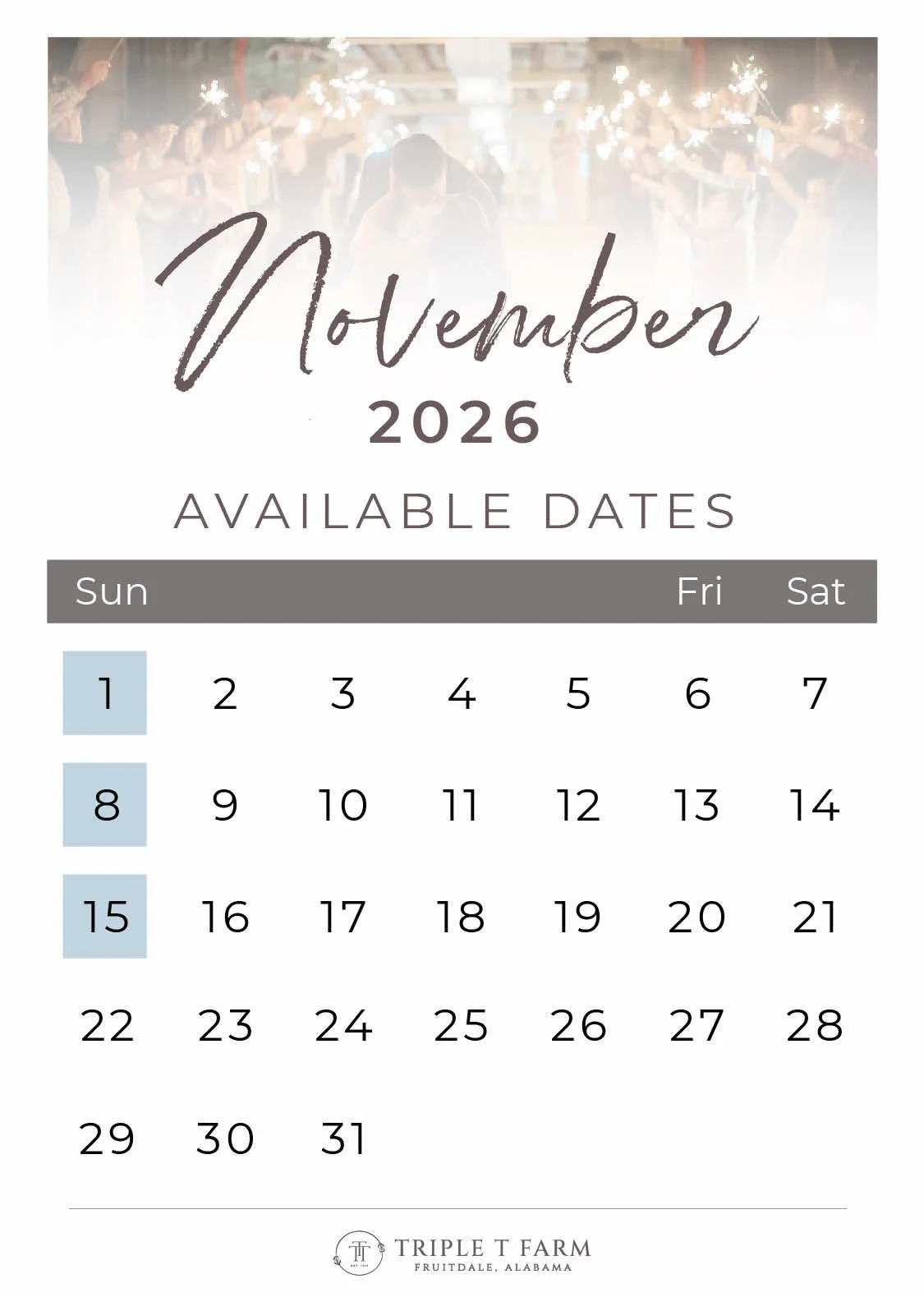 November 2026 Availability Calendar for Triple T Farm Alabama Wedding Venue