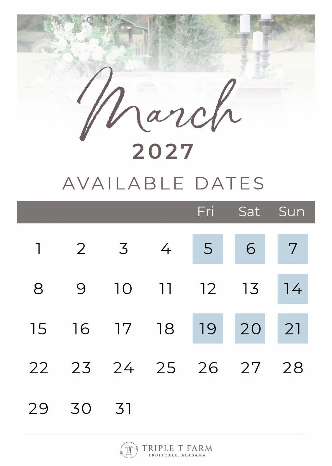 Triple T Farm Availability Calendar Fruitdale, Alabama wedding venue - March 2027