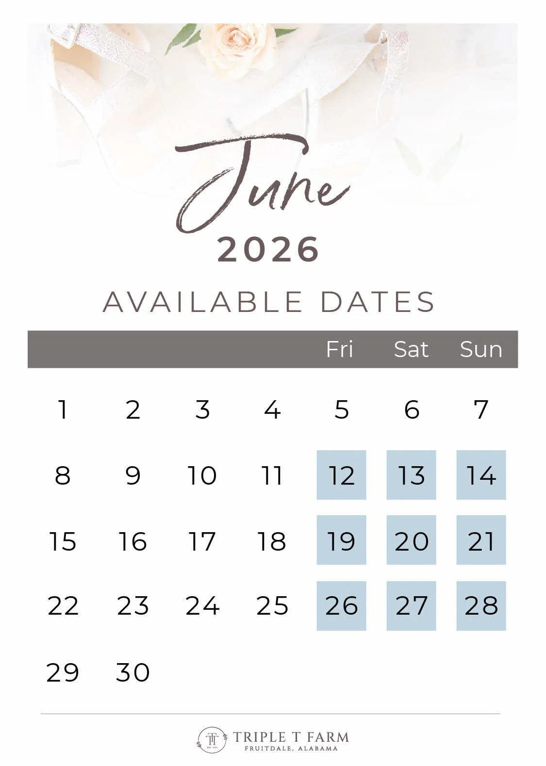 Triple T Farm Availability Calendar Fruitdale, Alabama wedding venue - June 2026