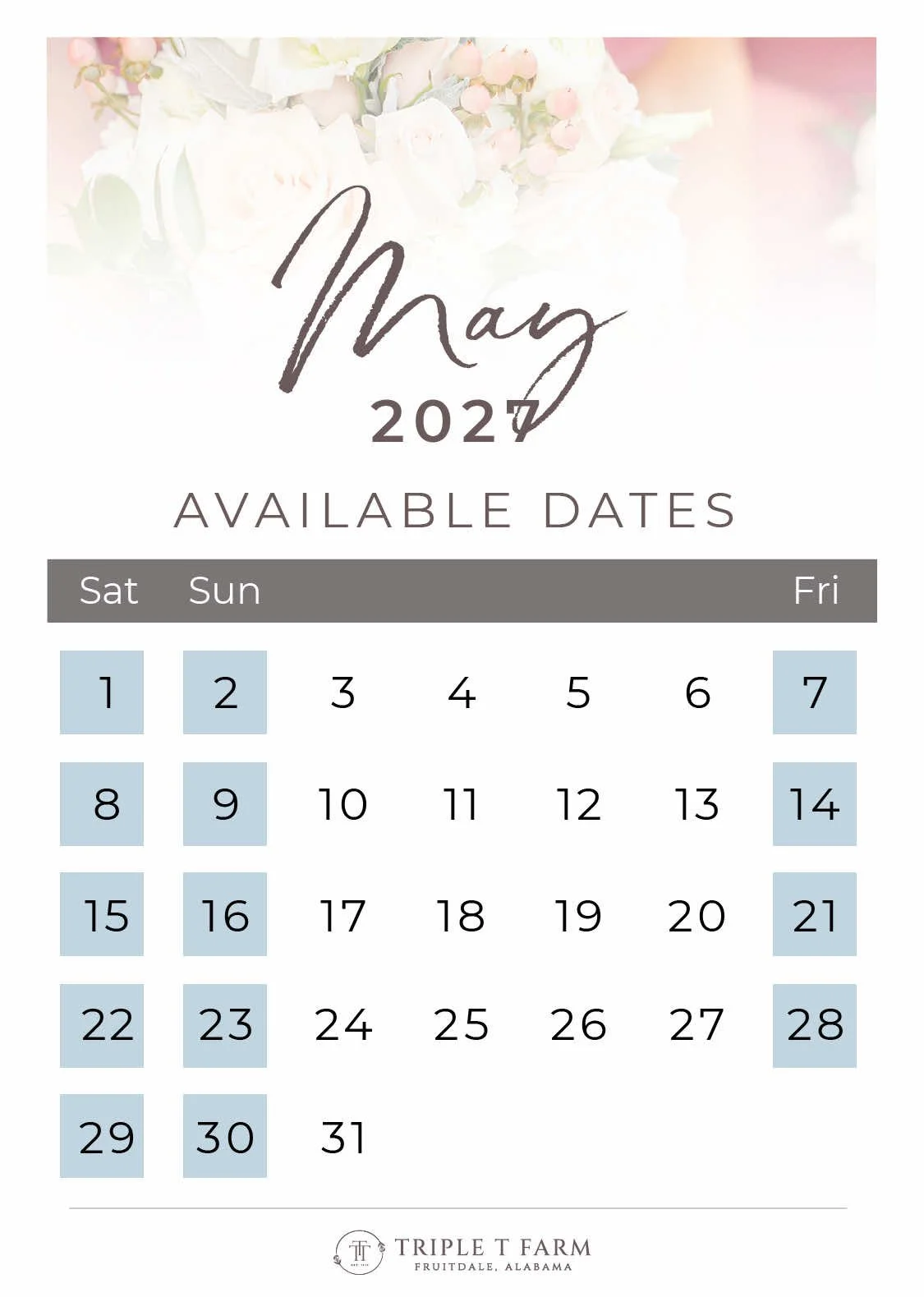 Triple T Farm Availability Calendar Fruitdale, Alabama wedding venue - May 2027